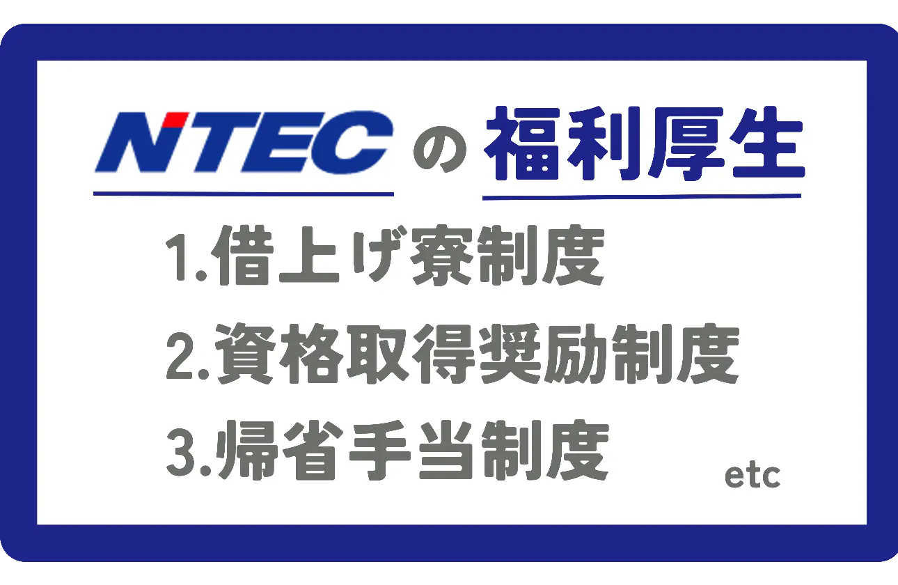 ・借上寮制度
毎月1万円未満の自己負担
・資格取得奨励
受験料等全額負担、取得後は資格手当
・帰省手当制度
年に二回帰省する交通費全額負担